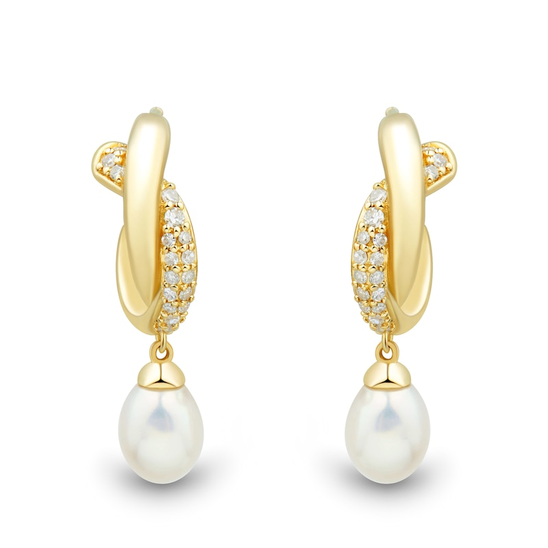 Main Image 1 of Freshwater Cultured Pearl Drop and 0.145 CT. T.W. Diamond J-Hoop Earrings in 10K Gold