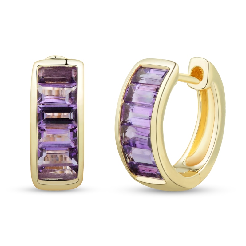 Main Image 1 of Channel-Set Baguette-Cut Amethyst Hoop Earrings in 10K Gold