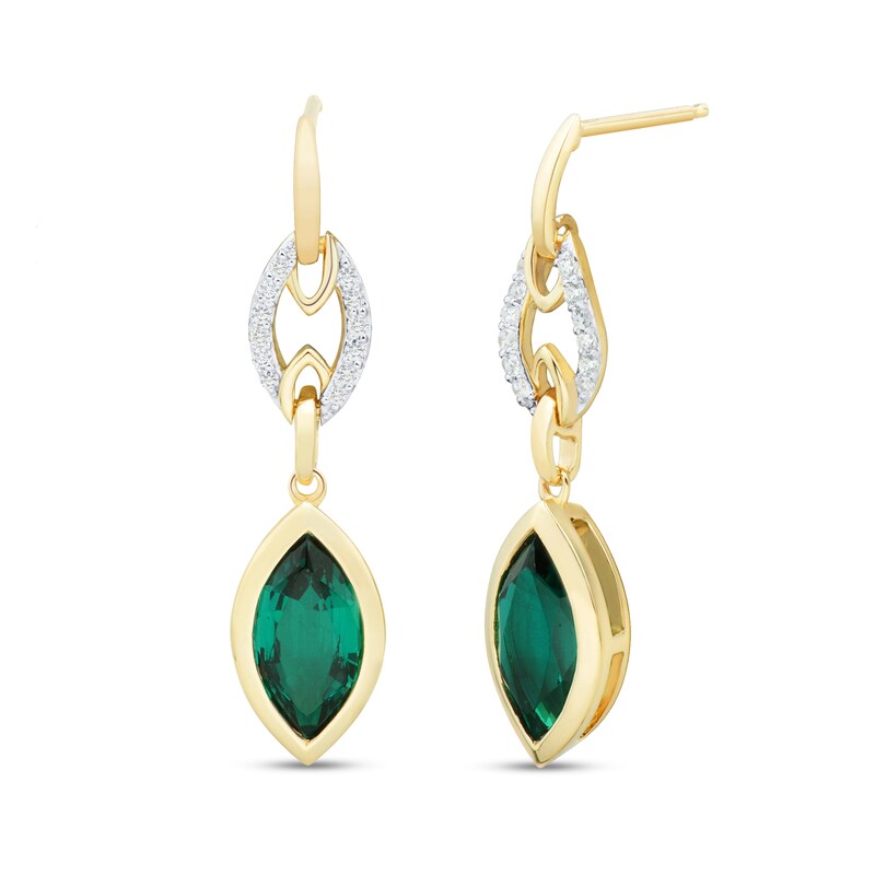 Marquise-Cut Lab-Created Emerald and 0.085 CT. T.W. Diamond Link Drop Earrings in 10K Gold