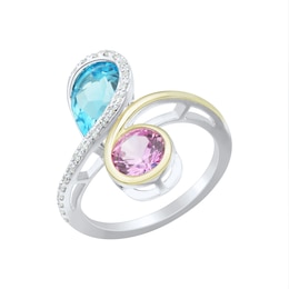 Swiss Blue Topaz, 0.08 CT. T.W. Diamond and Lab-Created Pink Sapphire Bypass Ring in 10K Gold and Sterling Silver