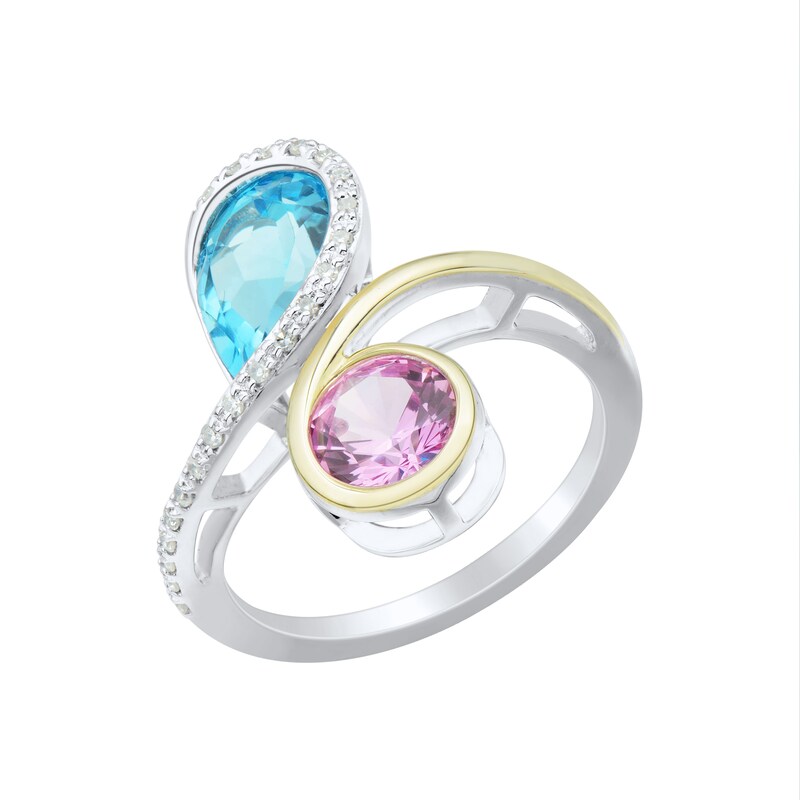 Swiss Blue Topaz, 0.08 CT. T.W. Diamond and Lab-Created Pink Sapphire Bypass Ring 10K Gold Sterling Silver