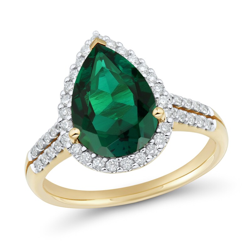 Main Image 1 of Pear-Shaped Lab-Created Emerald and 0.37 CT. T.W. Lab-Grown Diamond Frame Ring in 10K Gold (F/SI2)