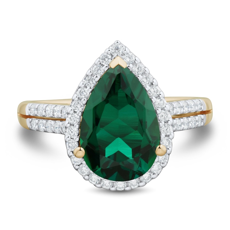 Main Image 3 of Pear-Shaped Lab-Created Emerald and 0.37 CT. T.W. Lab-Grown Diamond Frame Ring in 10K Gold (F/SI2)