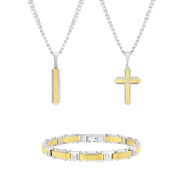 Diamond Accent Cross Pendant, Bar Pendant and Bracelet Set in Two-Tone Stainless Steel