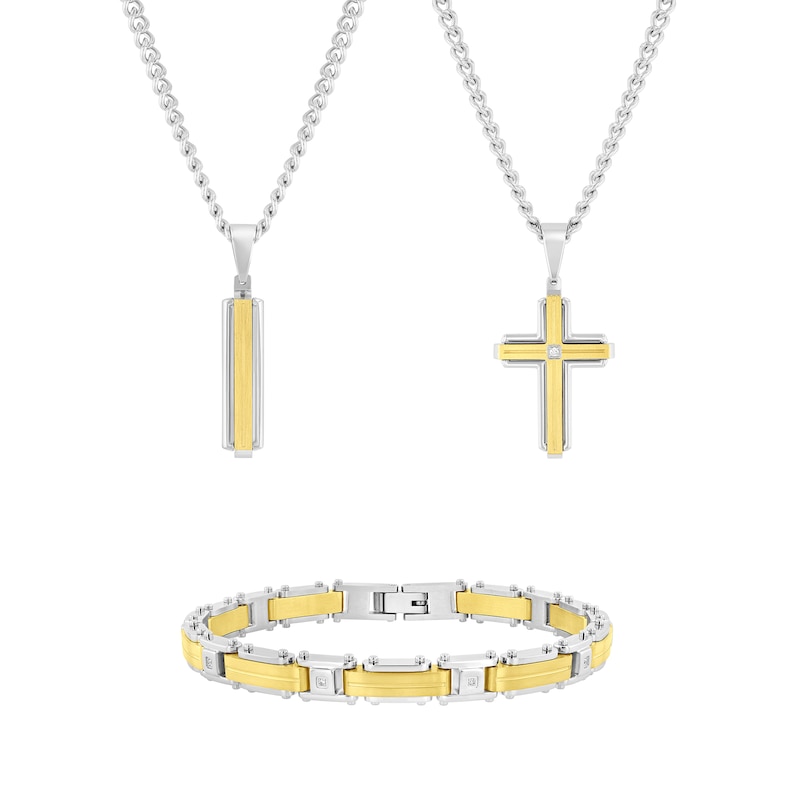 Main Image 1 of Diamond Accent Cross Pendant, Bar Pendant and Bracelet Set in Two-Tone Stainless Steel