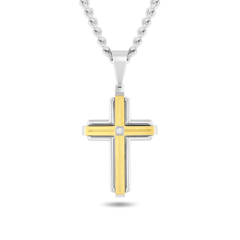 Main Image 4 of Diamond Accent Cross Pendant, Bar Pendant and Bracelet Set in Two-Tone Stainless Steel