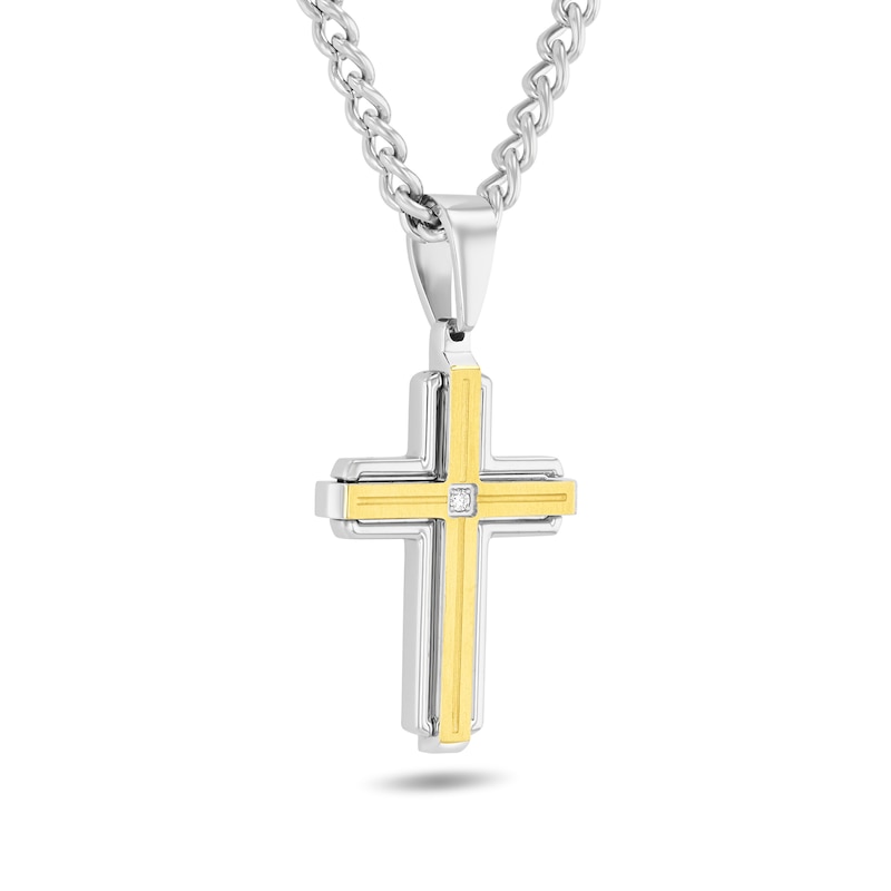 Main Image 5 of Diamond Accent Cross Pendant, Bar Pendant and Bracelet Set in Two-Tone Stainless Steel