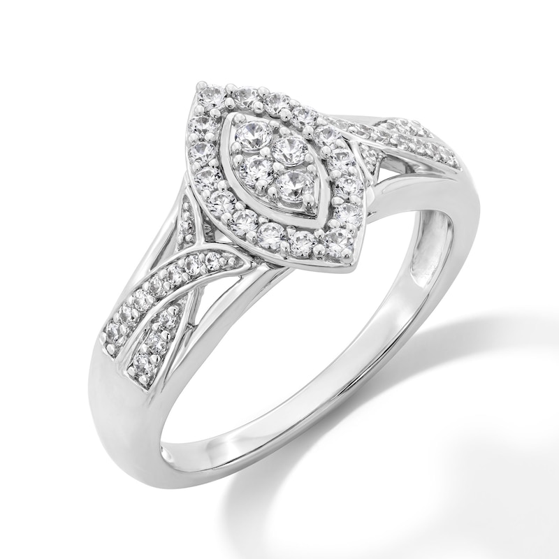 Main Image 2 of 0.33 CT. T.W. Marquise-Shaped Certified Lab-Grown Multi-Diamond Frame Crossover Promise Ring in Sterling Silver