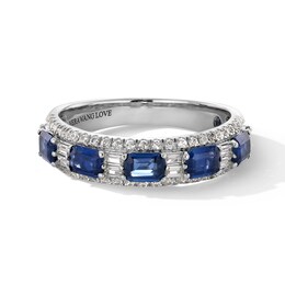 Vera Wang Love Collection Baguette-Cut Blue Sapphire and 0.37 CT. T.W. Diamond Band in 14K White Gold