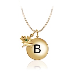 Initial Disc Pendant and Birthstone Maple Leaf Charm - 17” (1 Stone)