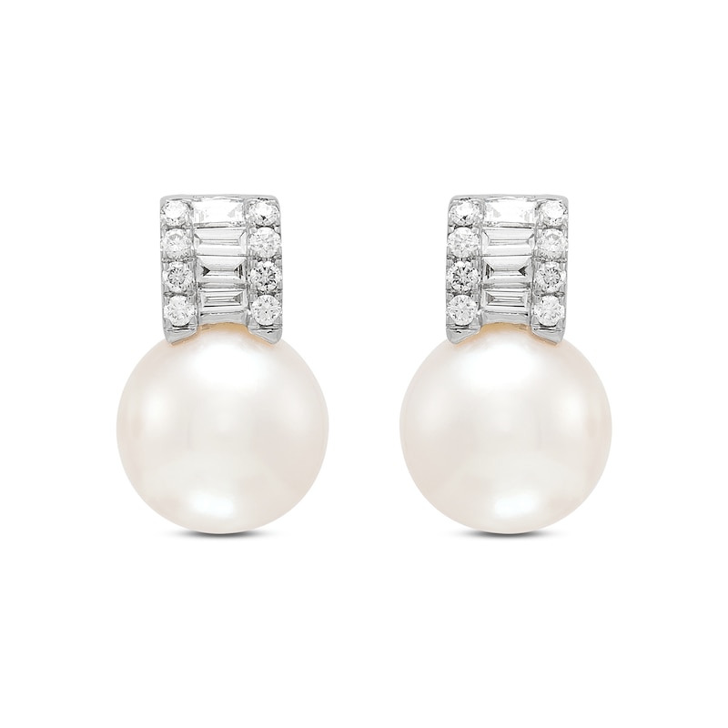 Main Image 1 of Freshwater Cultured Pearl and 0.18 CT. T.W. Lab-Grown Diamond Stud Earrings in Sterling Silver (F/SI2)