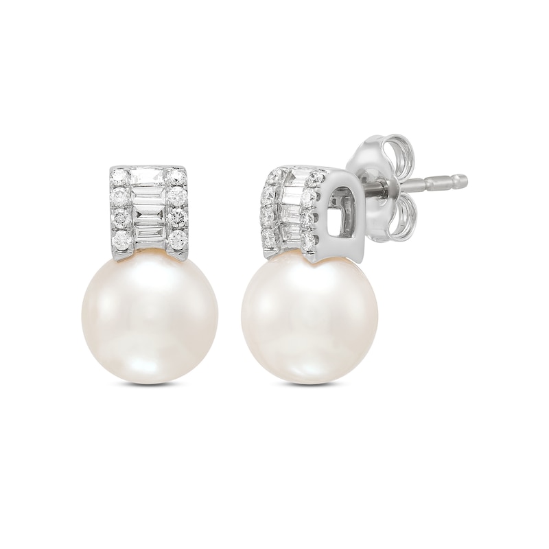 Main Image 2 of Freshwater Cultured Pearl and 0.18 CT. T.W. Lab-Grown Diamond Stud Earrings in Sterling Silver (F/SI2)