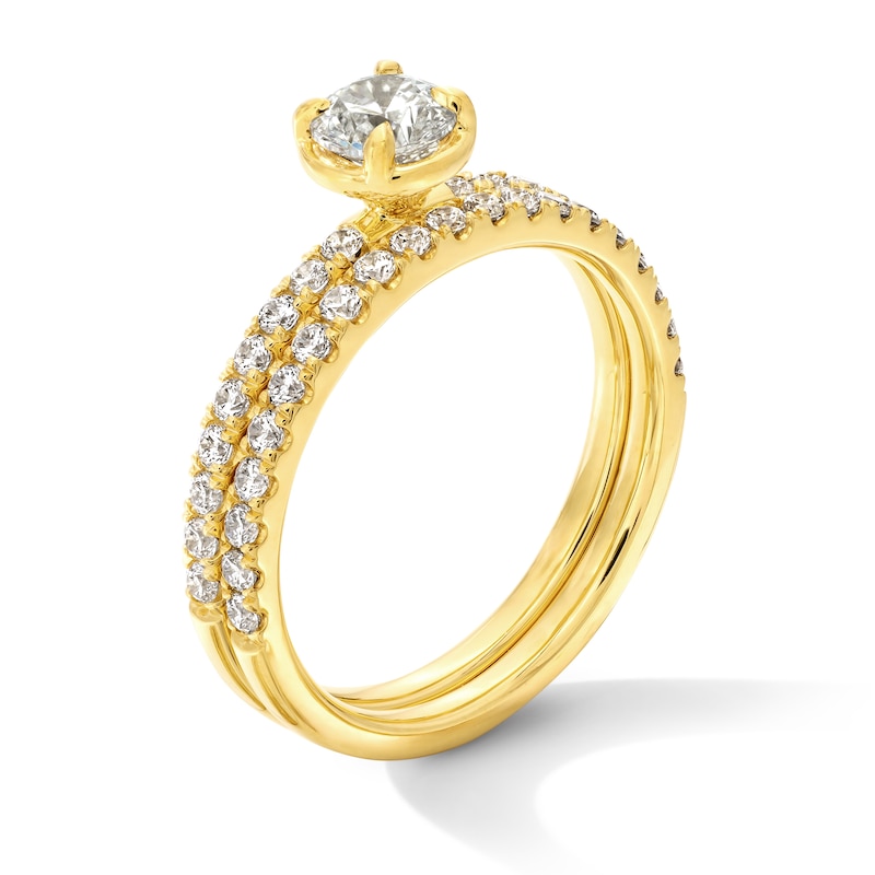 Main Image 3 of 1.00 CT. T.W. Diamond Bridal Set with Bezel-Set Centre Stone in 14K Gold (I/I2)