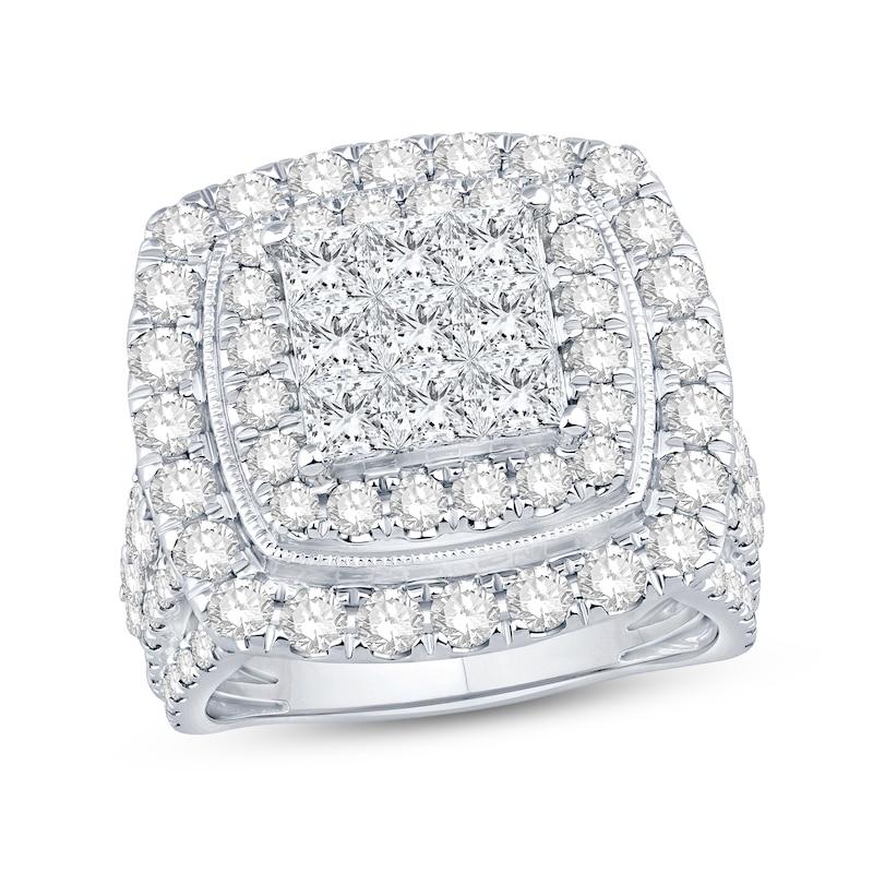 3.95 CT. T.W. Princess-Cut Multi-Diamond Cushion Frame Engagement Ring in 10K White Gold
