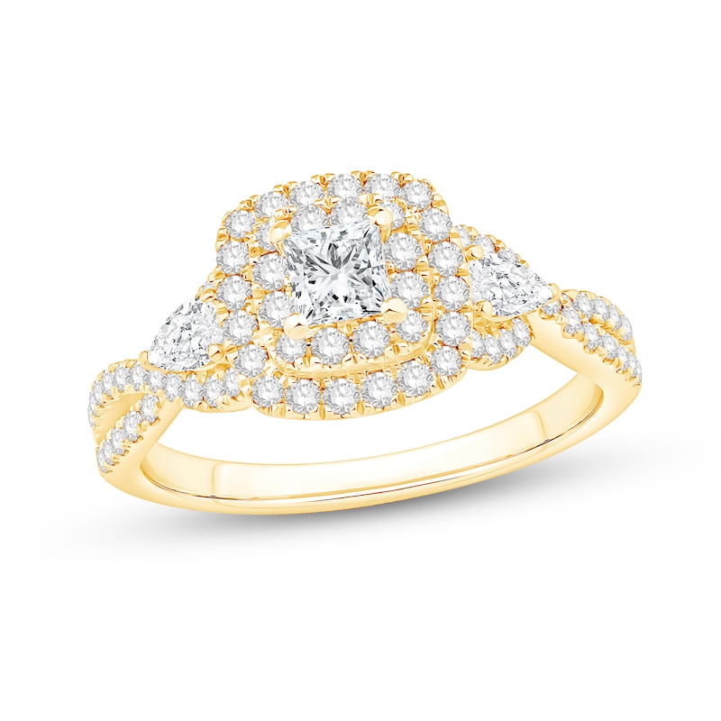 0.95 CT. T.W. Princess-Cut Diamond Double Frame Engagement Ring with Pear-Shaped Accents in 14K Gold
