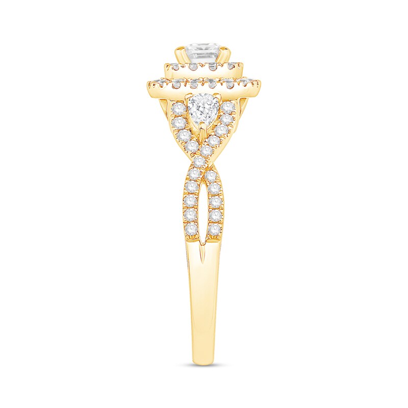 0.95 CT. T.W. Princess-Cut Diamond Double Frame Engagement Ring with Pear-Shaped Accents in 14K Gold