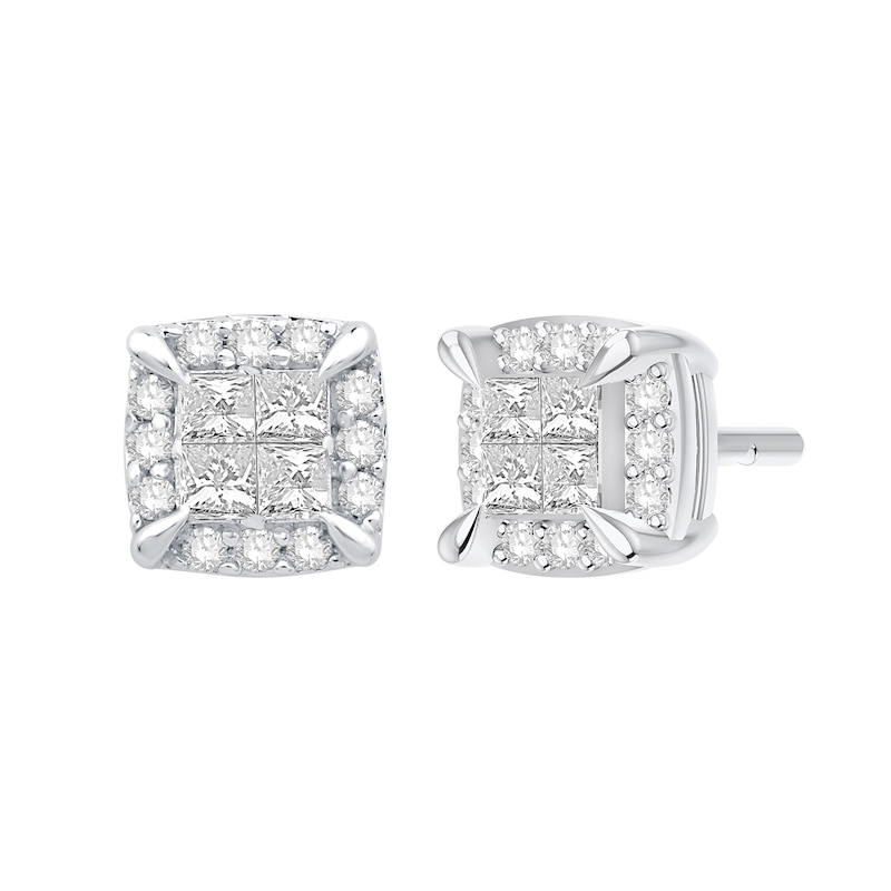Main Image 2 of 0.23 CT. T.W. Princess-Cut Diamond Quad Cushion Fashion Stud Earrings in 14K White Gold