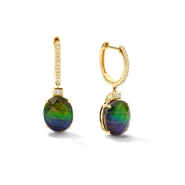 EFFY™ Collection Oval Multi-Colour Ammolite and 0.085 CT. T.W. Diamond Hoop Drop Earrings in 14K Gold