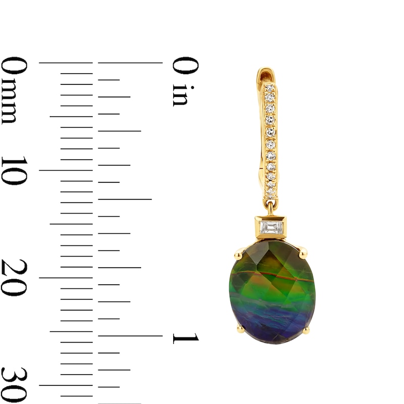 Main Image 3 of EFFY™ Collection Oval Multi-Colour Ammolite and 0.085 CT. T.W. Diamond Hoop Drop Earrings in 14K Gold