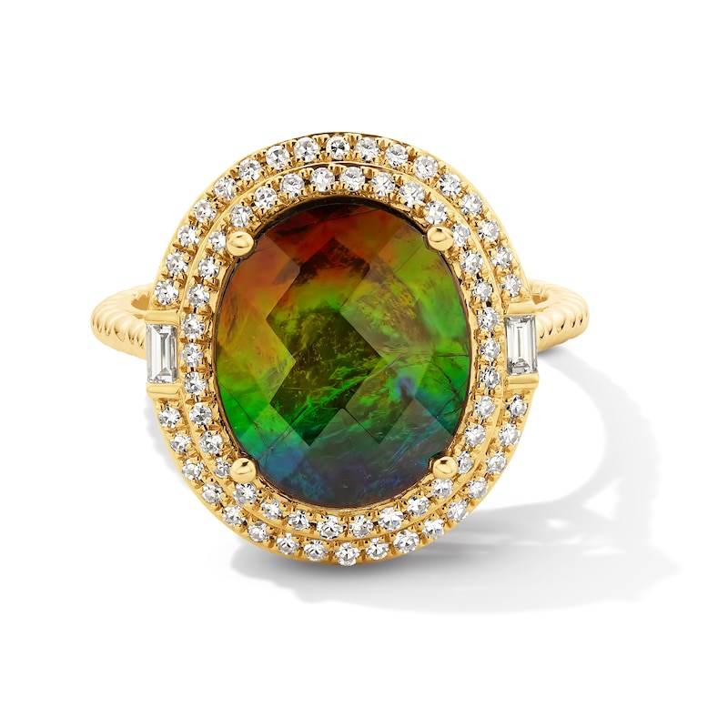 EFFY™ Collection Oval Multi-Colour Ammolite and 0.29 CT. T.W. Diamond Double Frame Ring in 14K Gold