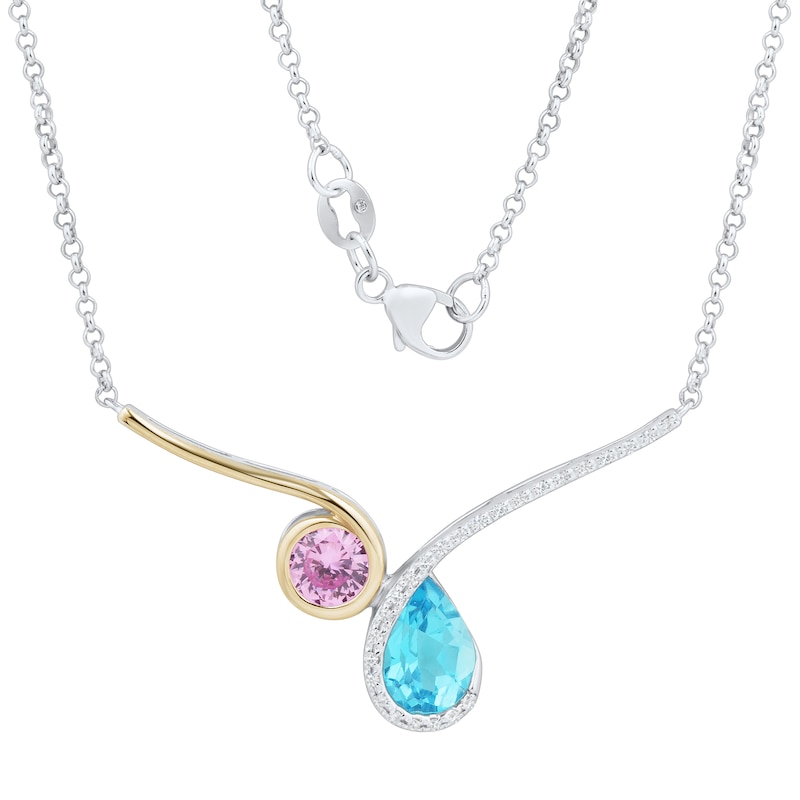 Main Image 1 of Swiss Blue Topaz, 0.08 CT. T.W. Diamond and Lab-Created Pink Sapphire Necklace in 10K Gold and Sterling Silver – 17”