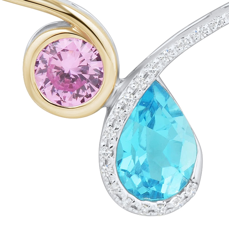 Main Image 2 of Swiss Blue Topaz, 0.08 CT. T.W. Diamond and Lab-Created Pink Sapphire Necklace in 10K Gold and Sterling Silver – 17”