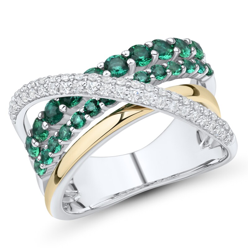 Main Image 1 of Lab-Created Emerald and 0.23 CT. T.W. Diamond Ring in 10K Gold and Sterling Silver