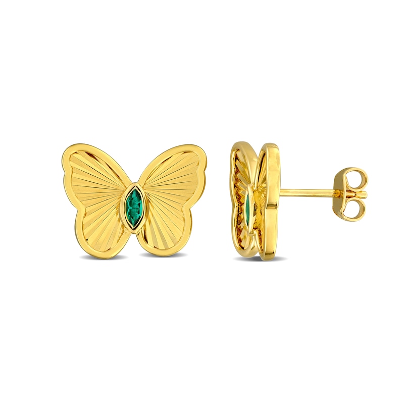 Marquise-Cut Lab-Created Emerald Butterfly Stud Earrings in Sterling Silver with 18K Gold Plate