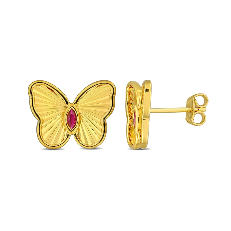 Marquise-Cut Lab-Created Ruby Butterfly Stud Earrings in Sterling Silver with 18K Gold Plate