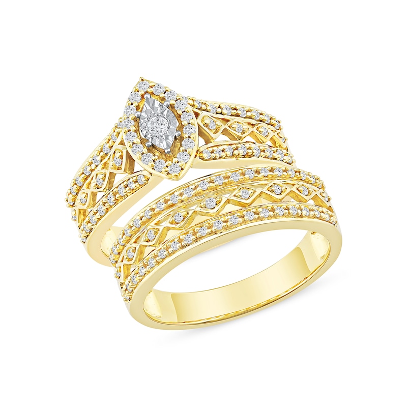 Main Image 1 of 0.44 CT. T.W. Multi-Diamond Marquise Frame Geometric Cutout Bridal Set in Sterling Silver with 14K Gold Plate