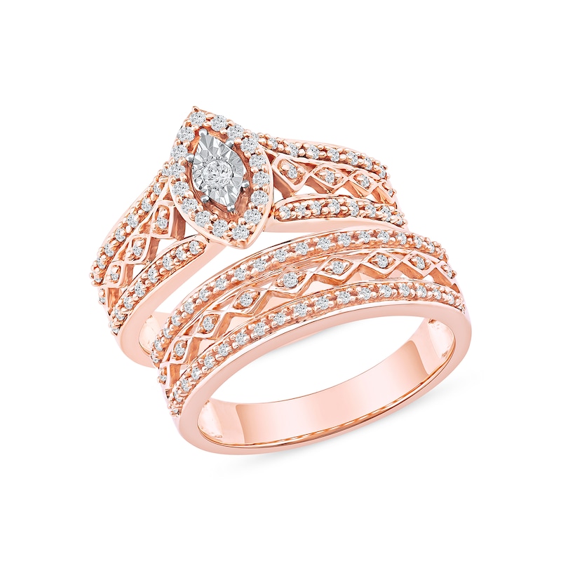 Main Image 1 of 0.44 CT. T.W. Multi-Diamond Marquise Frame Geometric Cutout Bridal Set in Sterling Silver with 14K Rose Gold Plate