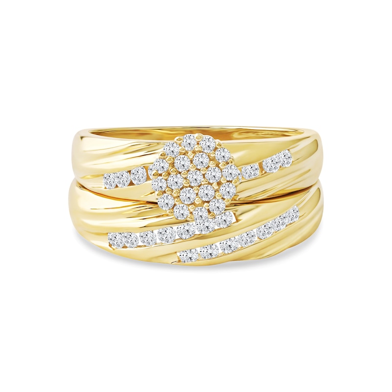 Main Image 4 of 0.48 CT. T.W. Multi-Diamond Diagonal Ribbons Bridal Set in Sterling Silver with 14K Gold Plate