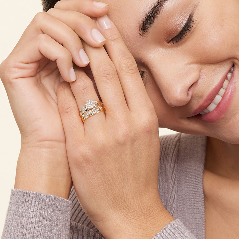 Main Image 5 of 0.48 CT. T.W. Multi-Diamond Diagonal Ribbons Bridal Set in Sterling Silver with 14K Gold Plate