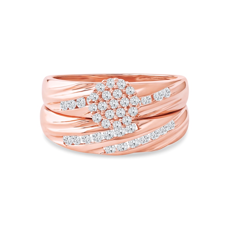 Main Image 4 of 0.48 CT. T.W. Multi-Diamond Diagonal Ribbons Bridal Set in Sterling Silver with 14K Rose Gold Plate