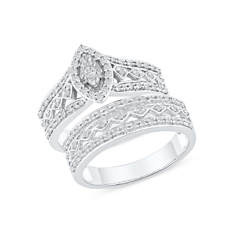 Main Image 1 of 0.44 CT. T.W. Multi-Diamond Marquise Frame Geometric Cutout Bridal Set in Sterling Silver