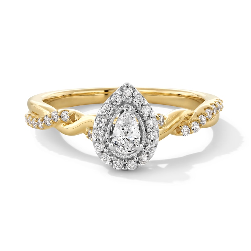 Main Image 1 of 0.30 CT. T.W. Pear-Shaped Certified Lab-Grown Diamond Frame Twist Shank Promise Ring in 10K Gold (F/VS2)