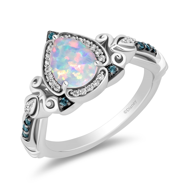 Main Image 1 of Enchanted Disney Cinderella Pear-Shaped Lab-Created Opal, Blue Topaz and 0.065 CT.T.W. Diamond Ring in Sterling Silver