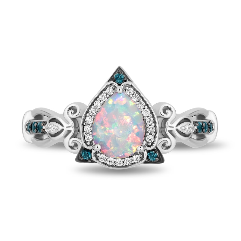Main Image 4 of Enchanted Disney Cinderella Pear-Shaped Lab-Created Opal, Blue Topaz and 0.065 CT.T.W. Diamond Ring in Sterling Silver
