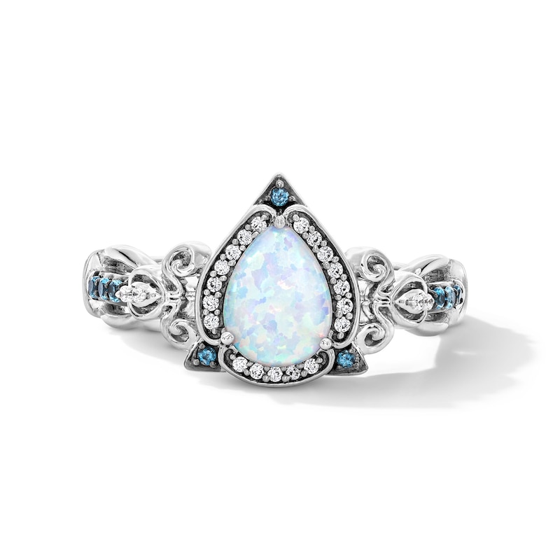 Main Image 5 of Enchanted Disney Cinderella Pear-Shaped Lab-Created Opal, Blue Topaz and 0.065 CT.T.W. Diamond Ring in Sterling Silver