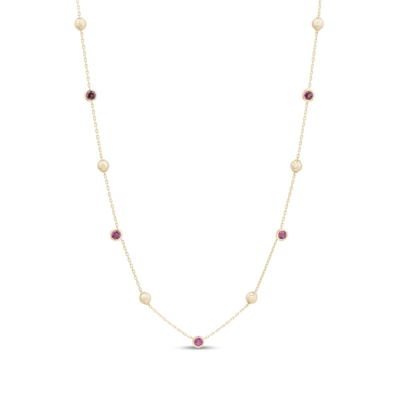 Rhodolite Garnet and Bead Station Necklace in 10K Gold