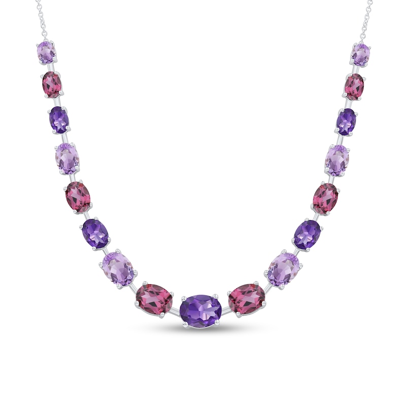 Oval Amethyst and Pink Quartz Necklace in Sterling Silver - 17"