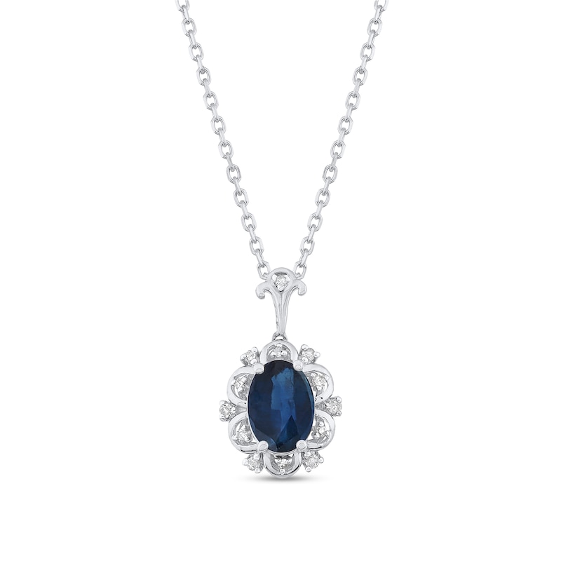 Oval Blue Sapphire and 0.04 CT. T.W. Diamond Frame Pendant in 10K White Gold