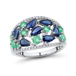 Pear-Cut Blue Sapphire, Emerald and 0.11 CT. T.W Diamond Fashion Ring in 10K White Gold