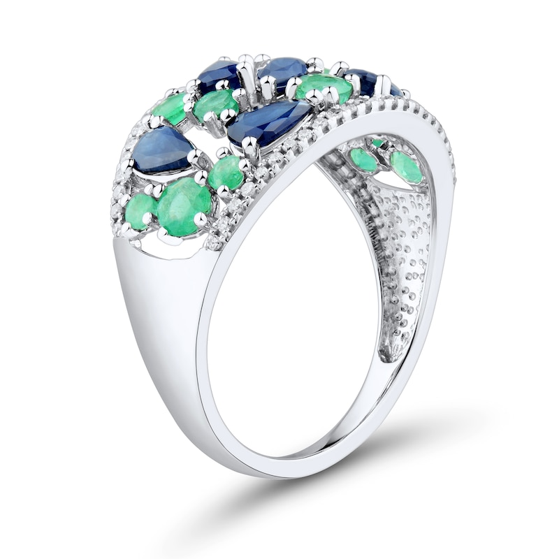Pear-Cut Blue Sapphire, Emerald and 0.11 CT. T.W Diamond Fashion Ring 10K White Gold
