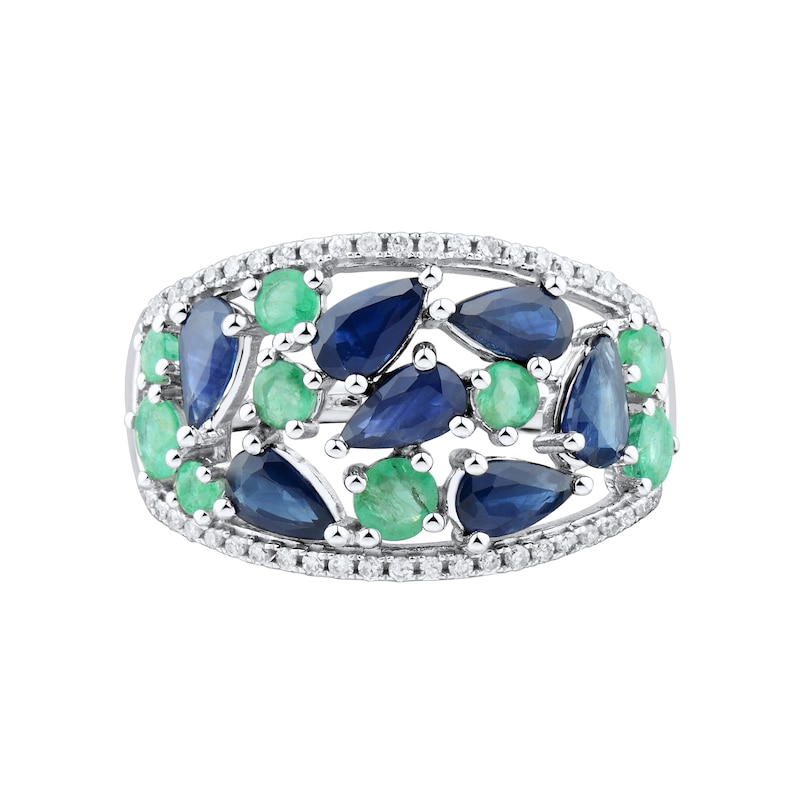 Pear-Cut Blue Sapphire, Emerald and 0.11 CT. T.W Diamond Fashion Ring 10K White Gold