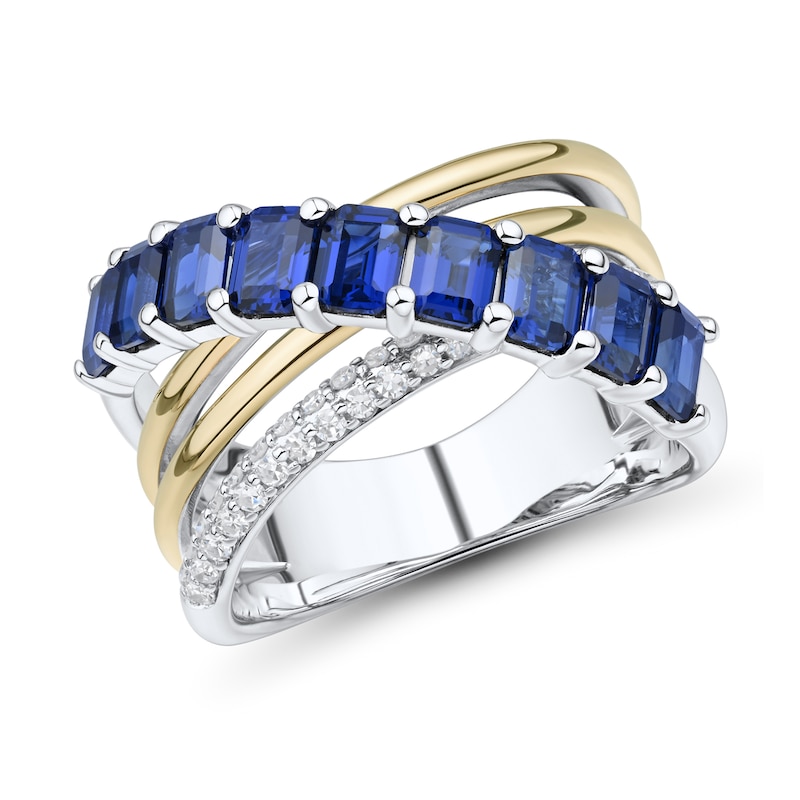 Emerald-Cut Blue Lab-Created Sapphire and 0.23 CT. T.W. Diamond Crossover Ring Sterling Silver 10K Gold