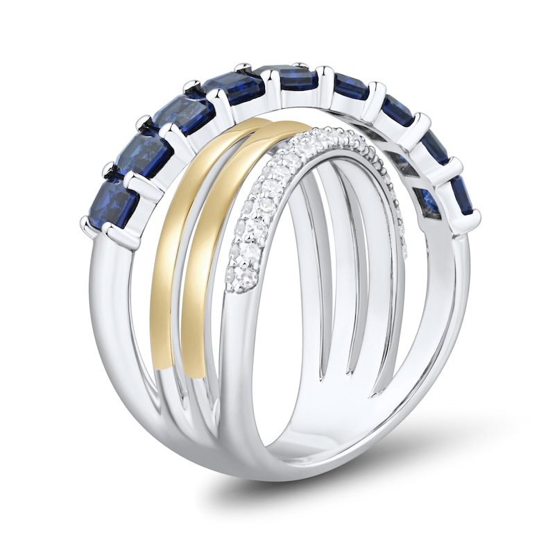 Emerald-Cut Blue Lab-Created Sapphire and 0.23 CT. T.W. Diamond Crossover Ring Sterling Silver 10K Gold