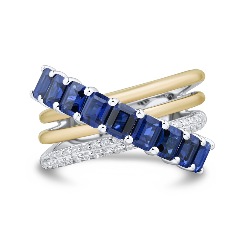 Emerald-Cut Blue Lab-Created Sapphire and 0.23 CT. T.W. Diamond Crossover Ring Sterling Silver 10K Gold