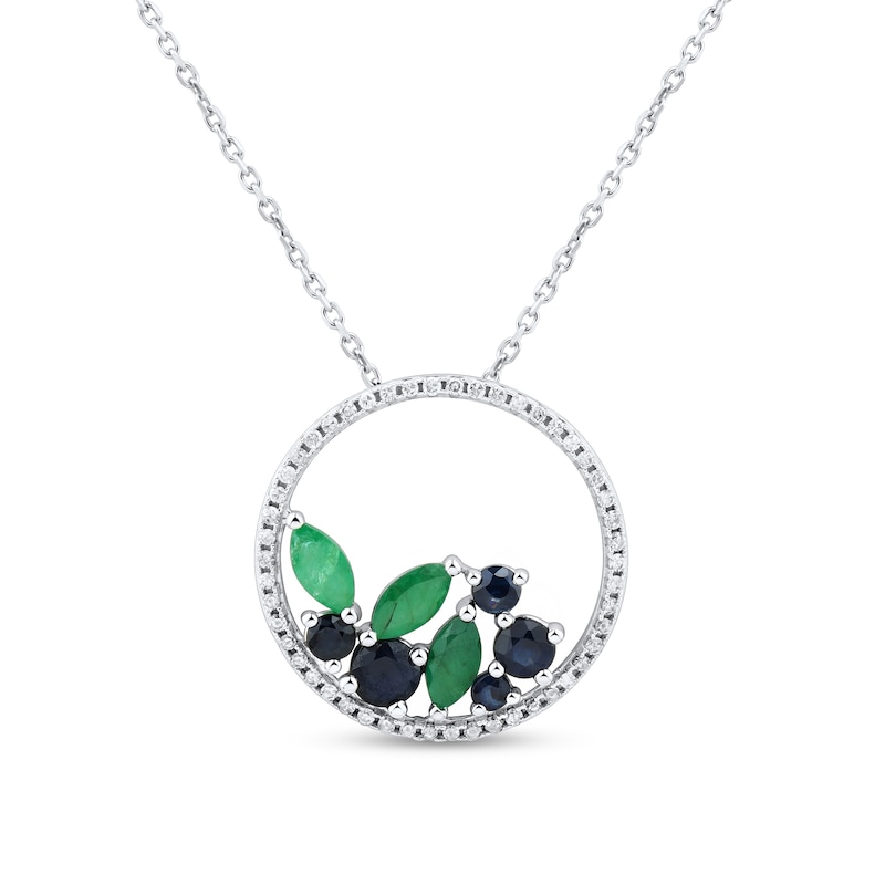 Marquise-Cut Emerald, Sapphire and 0.145 CT. T.W. Diamond Scatter Circle Pendant in 10K White Gold