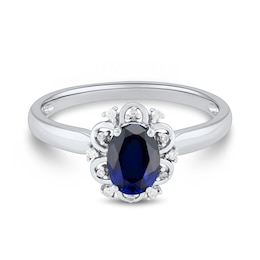 Oval Blue Sapphire and Diamond Accent Frame Ring in 10K White Gold
